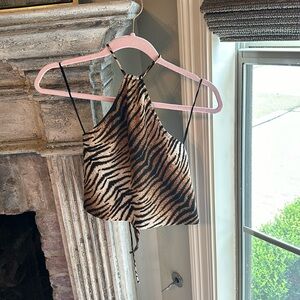 Salty Crew tiger print tank top, open back, ties in back and around neck